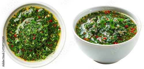 white bowl with argentinian chimichurri sauce with parsley, cilantro, garlic, red wine vinegar, olive oil, and red pepper flakes, isolated on a transparent background