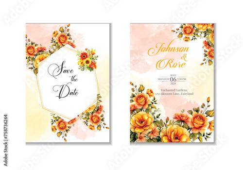 watercolor background with floral wedding invitation card template Design