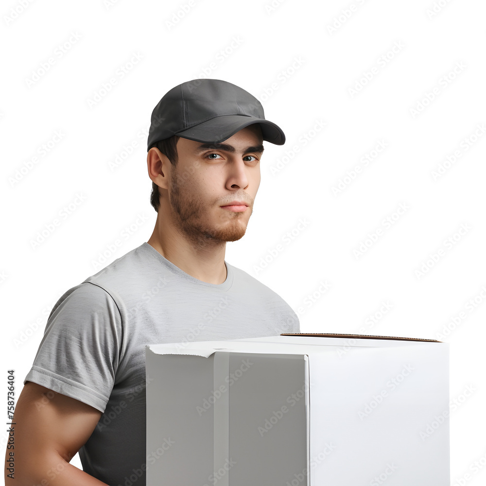 Delivery man delivering a white blank mockup package isolated from white background Delivery man delivering a white blank mockup package isolated from white background