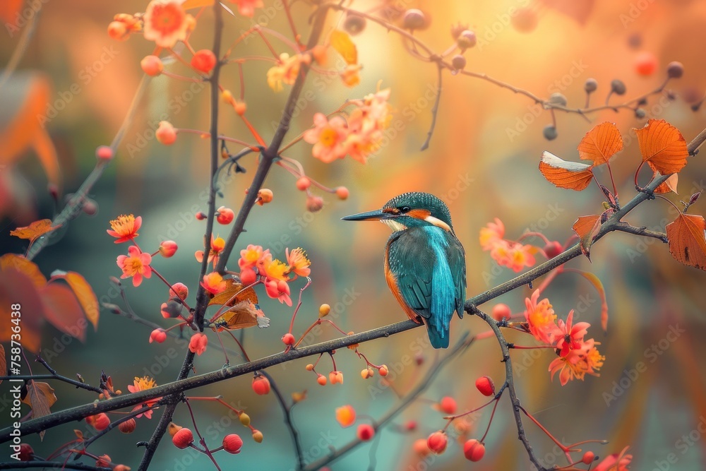 Fototapeta premium Vivid Kingfisher Resting Among Autumn Berries - Generative AI