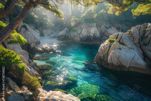 /imagine A hidden cove in France, where azure waters lap against smooth granite rocks. Sunlight filters through the trees, dappling the forest floor with shifting patterns of light and shadow.