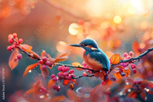 Vivid Kingfisher Resting Among Autumn Berries - Generative AI