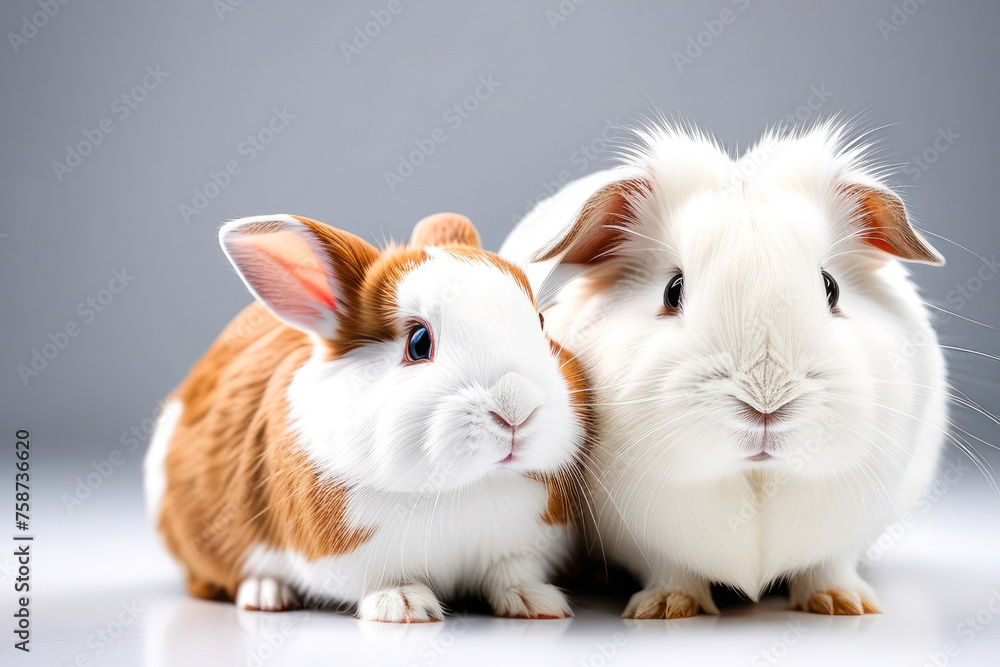 rabbit and guinea pig on a white background, space for text. Animal food advertising concept. rabbit and guinea pig on a white background, space for text. Animal food advertising concept.