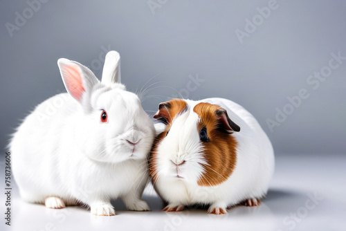 rabbit and guinea pig on a white background, space for text. Animal food advertising concept.