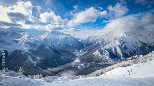 Breathtaking panorama of the snow-covered Caucasus Mountains at the Krasnaya Polyana ski resort © Yusif