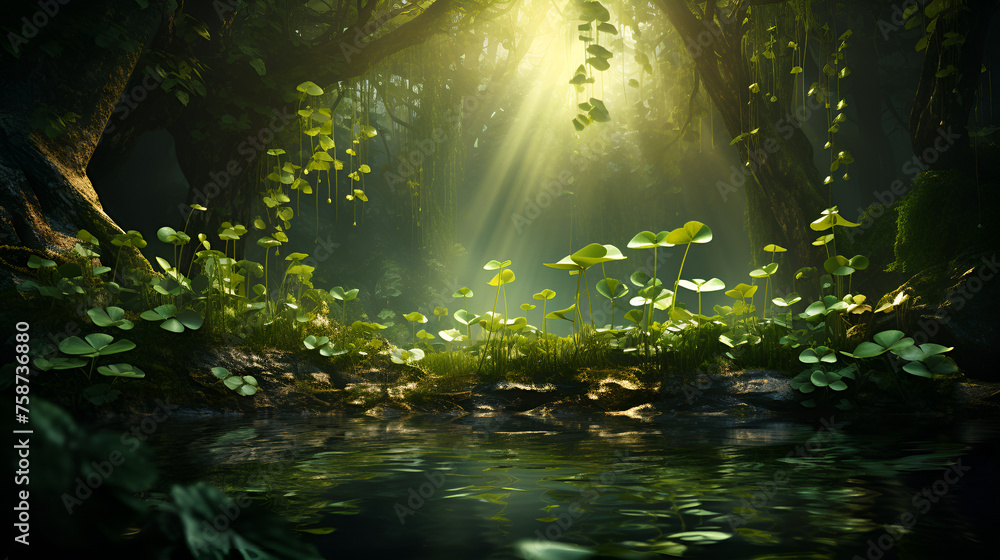 Sunlight dances through the leaves of an emerald canopy, illuminating a hidden grove in a pristine forest,Nature backgrounds with lush greenery and serene landscapes