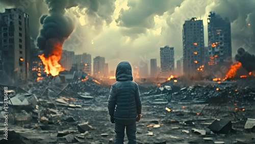 Desperate Poor Afraid Child boy and girl crying Standing holding Old teddy bear in The Middle of War Zone Deserted Demolished City Buildings Burning in the Background,generative ai photo