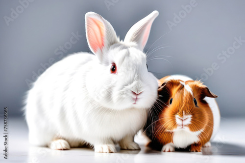 rabbit and guinea pig on a white background  space for text. Animal food advertising concept.