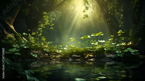 Sunlight dances through the leaves of an emerald canopy, illuminating a hidden grove in a pristine forest,Nature backgrounds with lush greenery and serene landscapes