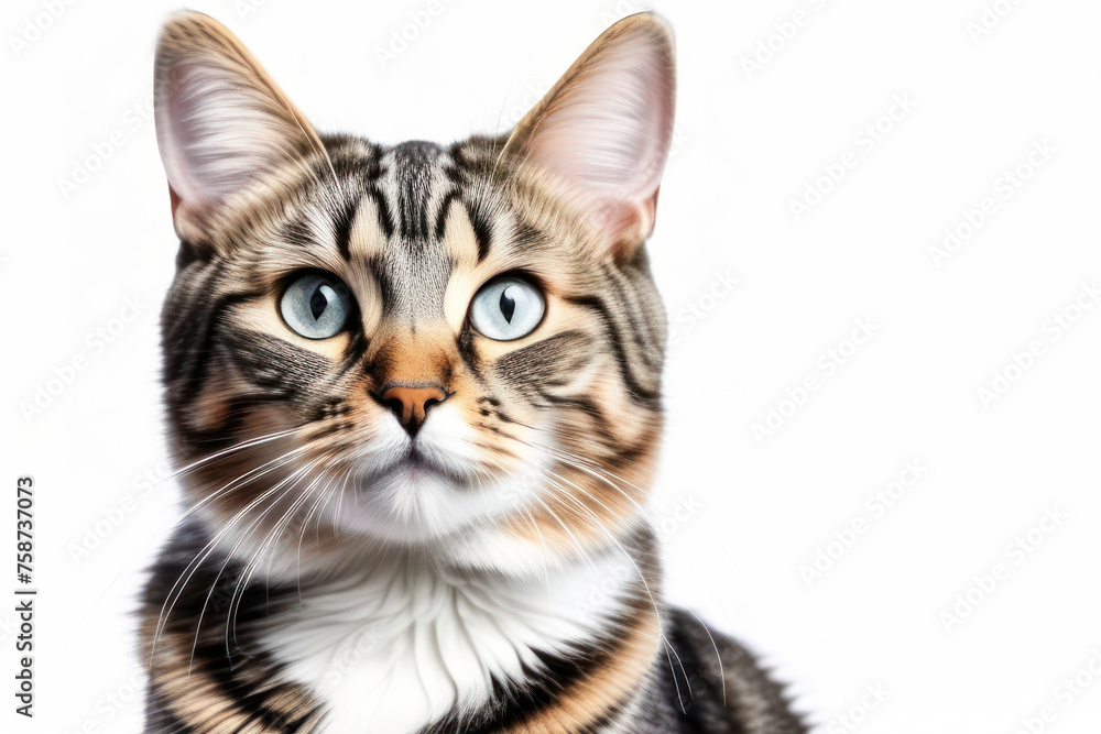 cute little kitten on a white background, space for text. Pet food advertising concept and cat day.