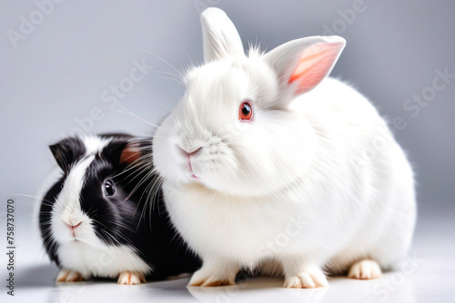 rabbit and guinea pig on a white background, space for text. Animal food advertising concept.