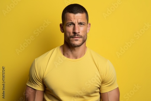 Portrait of a man in a yellow T-shirt on a yellow background