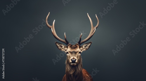 photo of a deer's head on a plain dark grey background with space for text. mock-up © Anastasiya