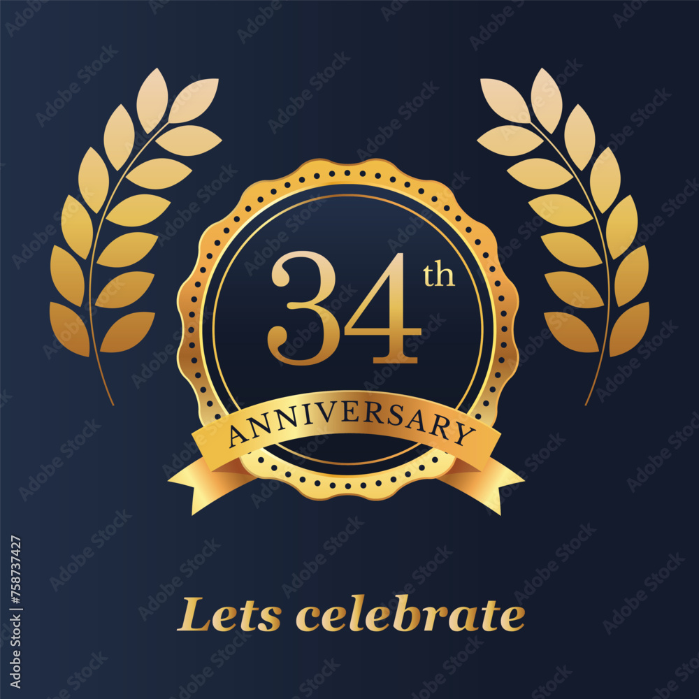 Anniversary 34th. gold numbers. Poster template for Celebrating 18th anniversary event party. Vector illustration Anniversary 34th. gold numbers. Poster template for Celebrating 18th anniversary event party. Vector illustration