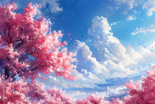 Cherry blossoms in full bloom under a blue sky with white clouds, creating a peaceful and serene outdoor scenery. Perfect for nature-related content, spring promotions, or Japanese culture themes.