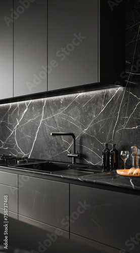 A modern kitchen featuring dark cabinets and an elegant marble backsplash with warm lighting