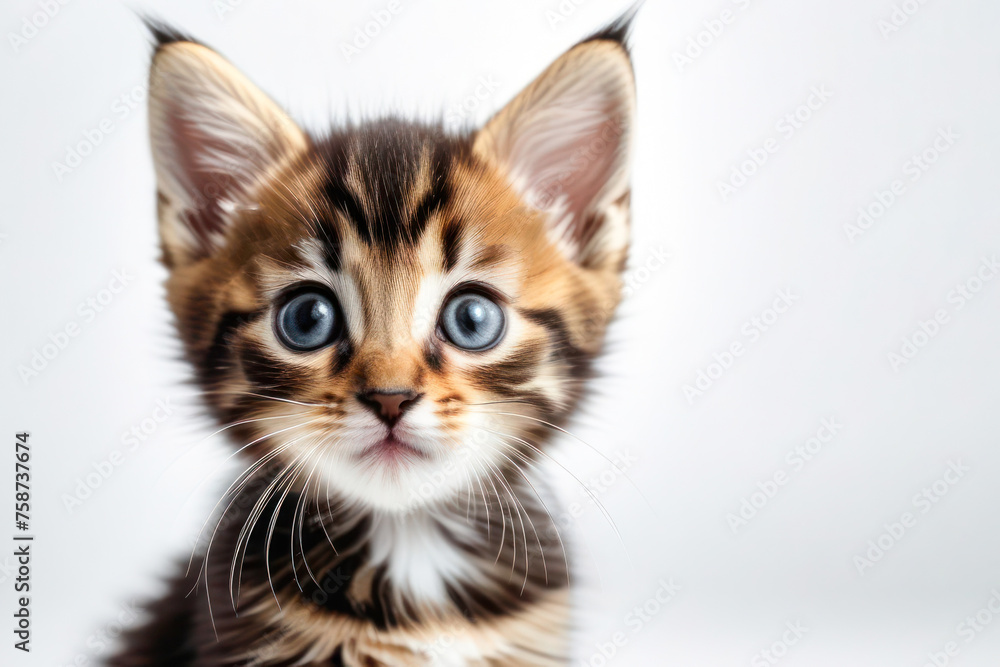 cute little kitten on a white background, space for text. Pet food advertising concept and cat day. cute little kitten on a white background, space for text. Pet food advertising concept and cat day.