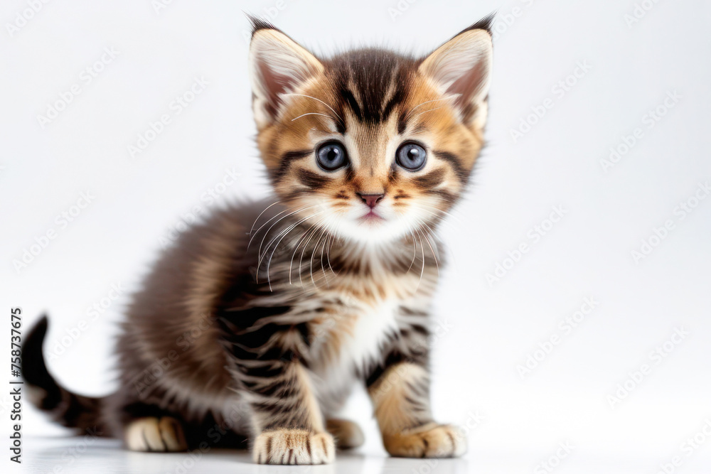 cute little kitten on a white background, space for text. Pet food advertising concept and cat day. cute little kitten on a white background, space for text. Pet food advertising concept and cat day.