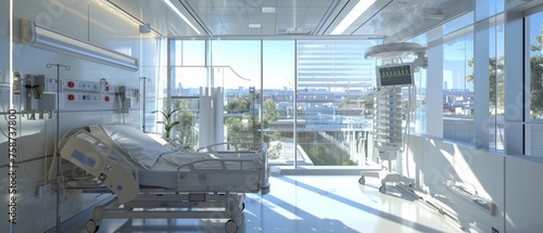 Modern hospital room with abundant daylight, sleek design and urban skyline view.