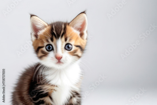 cute little kitten on a white background, space for text. Pet food advertising concept and cat day. © Павел Чепелев
