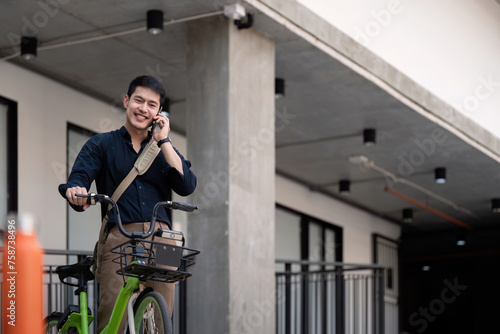 Businessman and bicycle in city to work with eco friendly transport. bike and happy businessman professional talking, speaking and telephone discussion while on in urban street