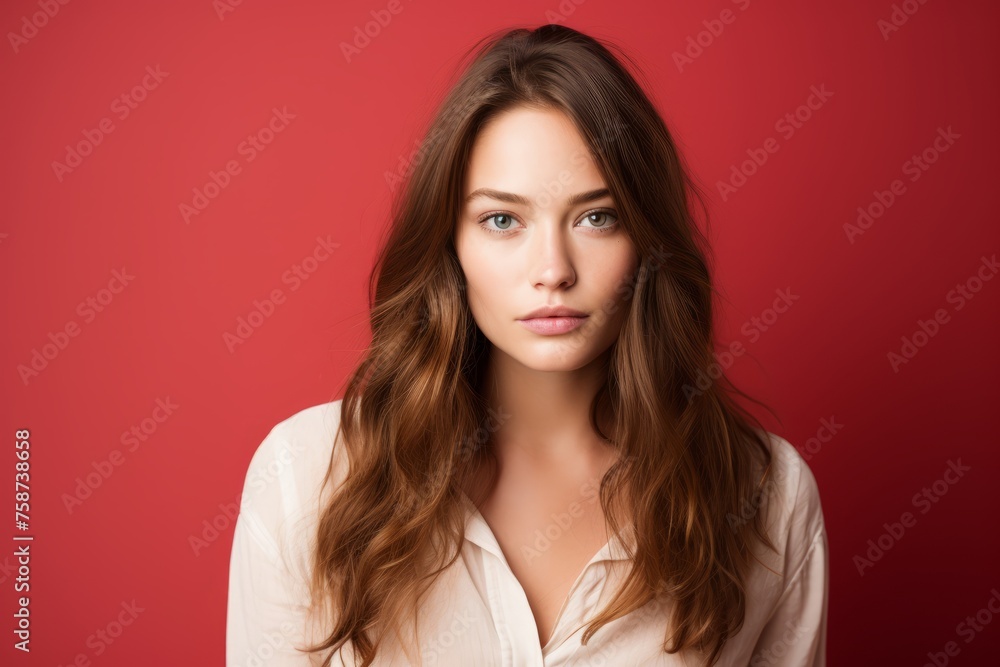 Portrait of beautiful young woman on red background. Studio shot. Portrait of beautiful young woman on red background. Studio shot.