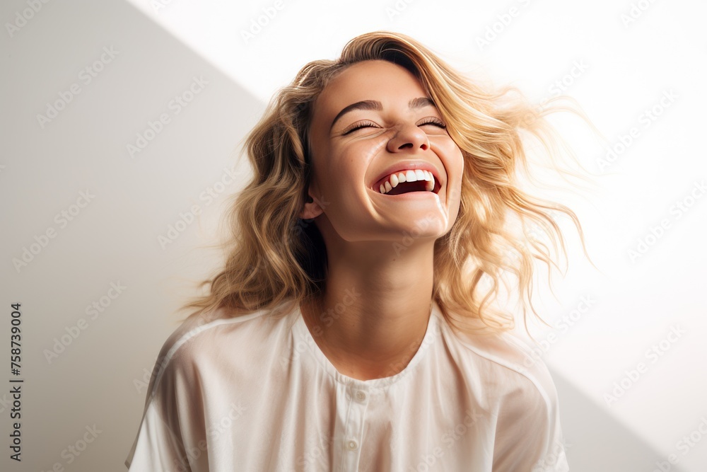 Smiling brunette woman portrait with fashionable hair and radiant expression in studio Smiling brunette woman portrait with fashionable hair and radiant expression in studio