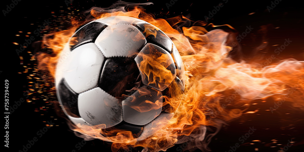 Fototapeta premium Soccer ball with bright flame flying on black background. Ai Generative