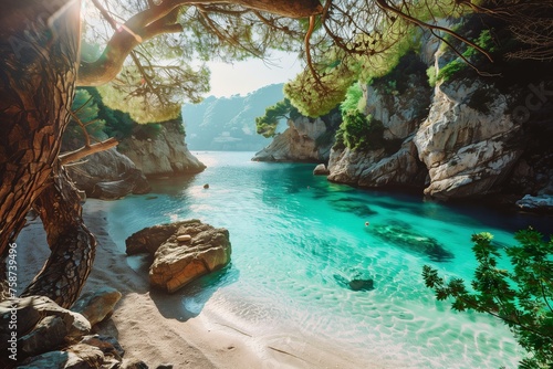 /imagine A tranquil bay in Italy, with rugged cliffs rising from the crystal-clear waters below. Sunlight filters through the canopy of trees, casting dancing shadows on the sandy shore.