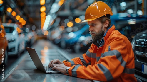 worker in orange safety gear and hard hat operates a laptop at a car assembly line