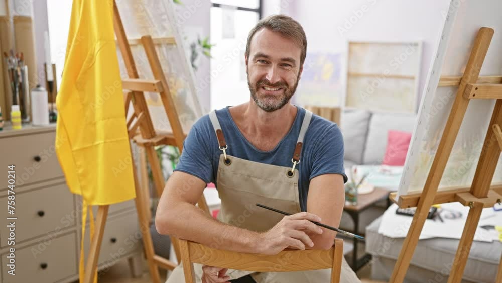 Middle-aged man with beard painting on canvas in sunlit art studio Middle-aged man with beard painting on canvas in sunlit art studio