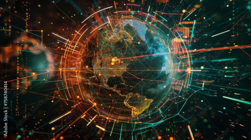 Digital data globe abstract illustration of a scientific technology data network surrounding planet earth conveying connectivity, Digital data globe abstract illustration of a scientific technology data network surrounding planet earth conveying connectivity,