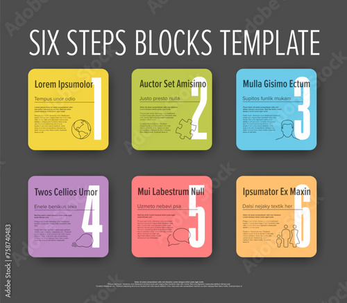 Six patel color square steps progress template with buttons on dark background