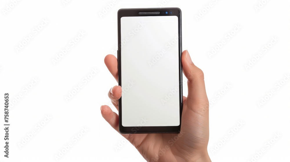 Hand holding mobile smart phone with blank screen. Isolated on white. Hand holding mobile smart phone with blank screen. Isolated on white.