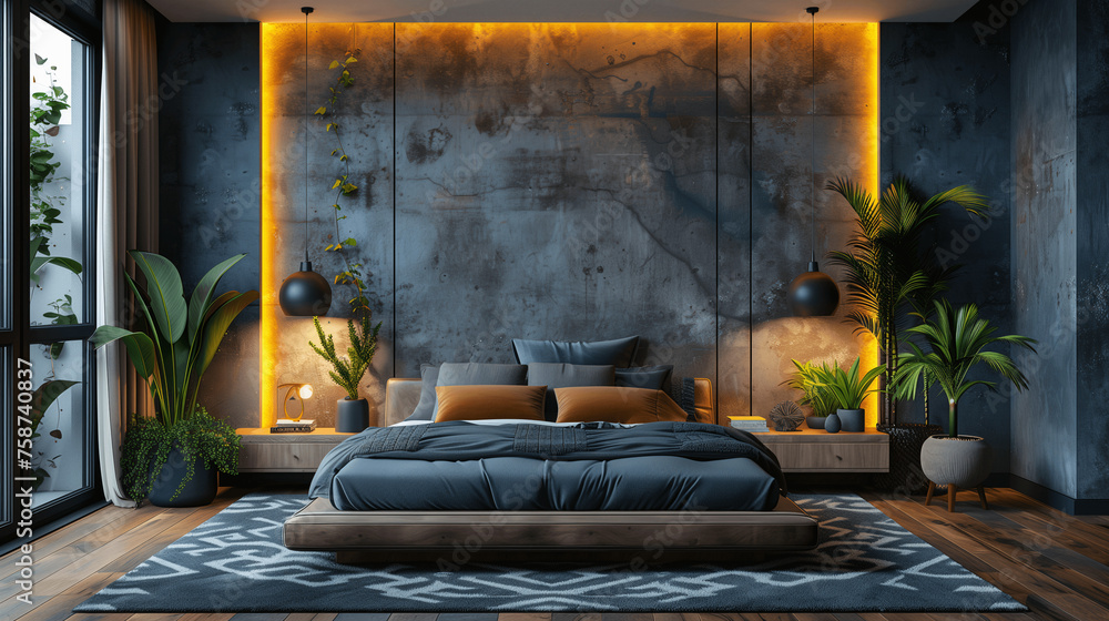 Modern Bedroom Interior with Industrial Wall Design and Houseplants