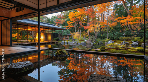 Traditional Japanese Garden Viewed from a Tatami Room