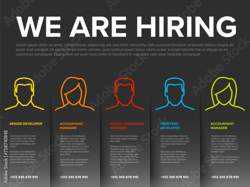 We are hiring dark paper minimalistic flyer template with blocks containing position names and icons