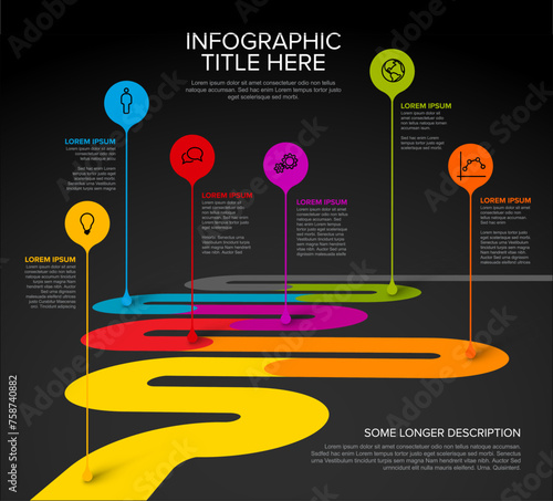 Dark color Timeline with six droplet pointers on a curved road template