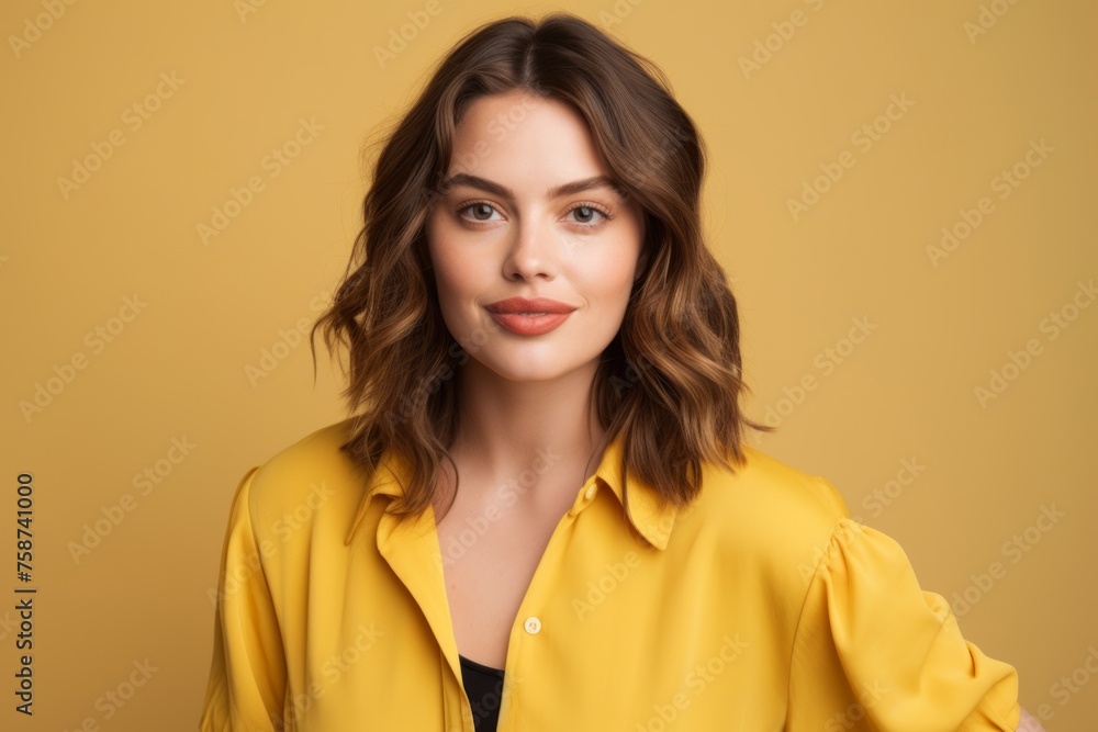 Portrait of beautiful young woman in yellow shirt on yellow background.