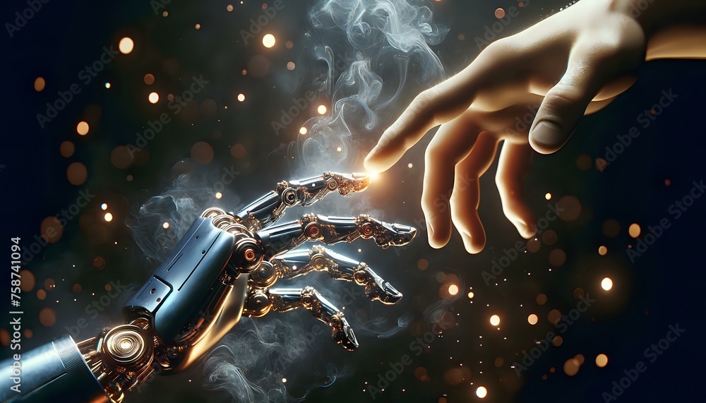 Two Worlds, One Touch. Human and Cyborg Hands Interaction - obrazy, fototapety, plakaty 