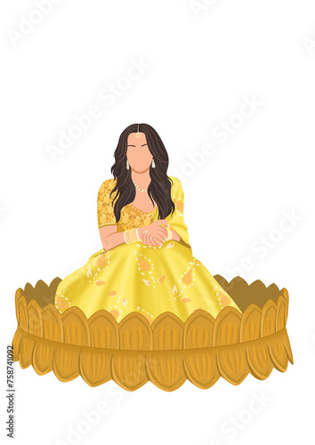 Quadro su tela Illustration of a bride in a haldi dress sitting in a tub