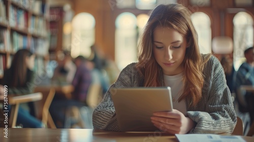 Portrait Of Mature Female Teacher Or Student With Digital Tablet Working At Table In College Hall