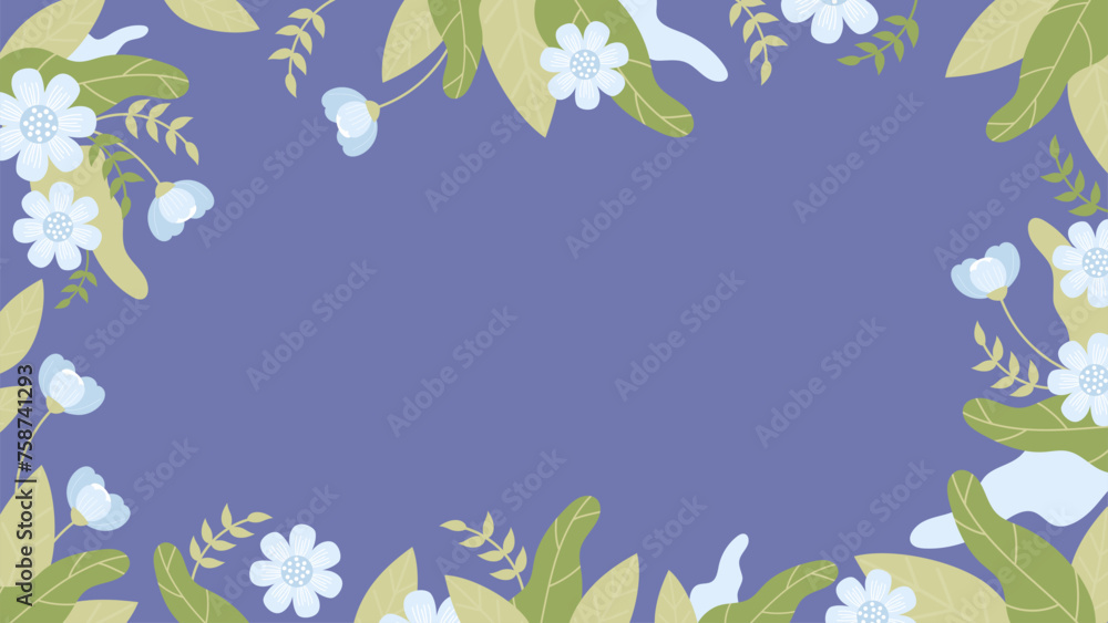 Floral banner. Gently blue flowers on blue background. Horizontal poster template. Vector illustration in flat style