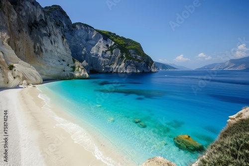  imagine A tranquil beach in Greece  with soft white sands and shallow  crystal-clear waters perfect for swimming and snorkeling.
