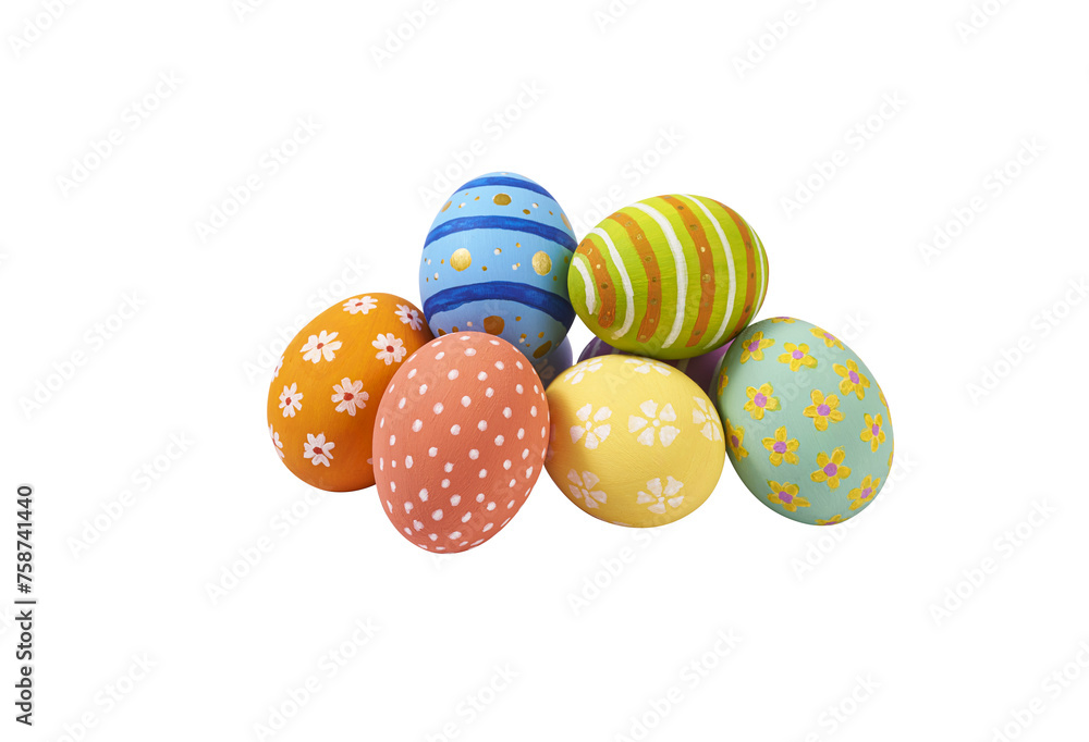 Collection of photos perfect colorful handmade easter eggs isolated on transparent png background.