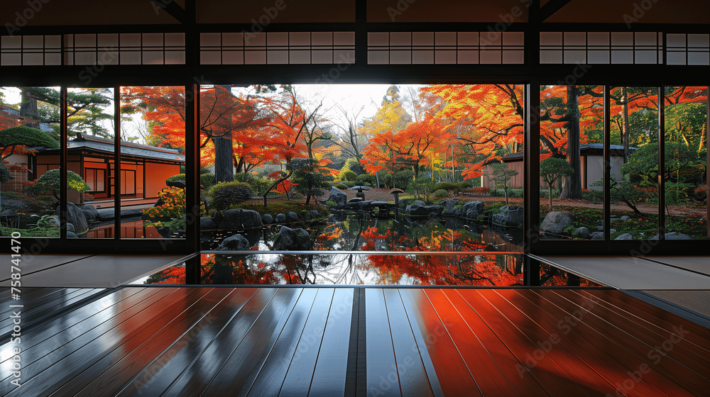 Traditional Japanese Garden Viewed from Tatami Room