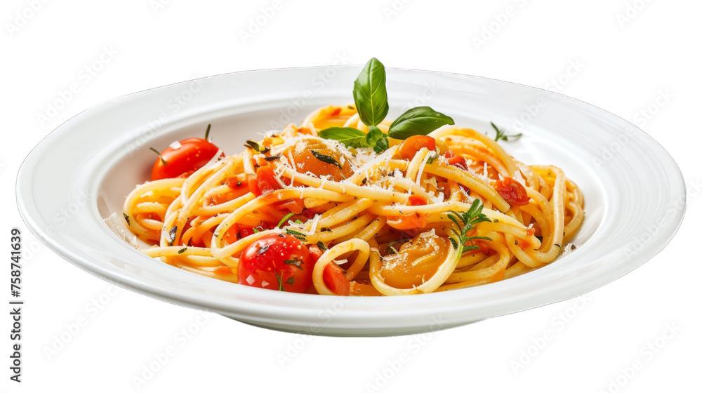 Primavera Spaghetti on a plate isolated on transparent png background. Generative ai Primavera Spaghetti on a plate isolated on transparent png background. Generative ai