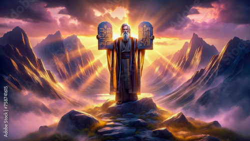 Divine Revelation: Moses Holding the Ten Commandments Inscribed by God on Tablets of Stone in Mount Sinai Light