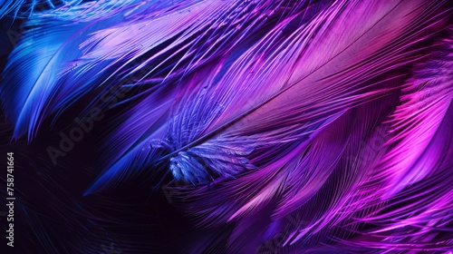 Vibrant abstract feathers in shades of purple and blue against a dark black background, with a soft white and purple feather texture on a white pattern © Yusif