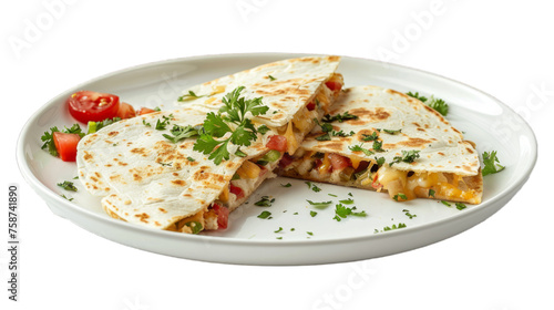 Quesadillas on a plate isolated on transparent png background. Generative ai 